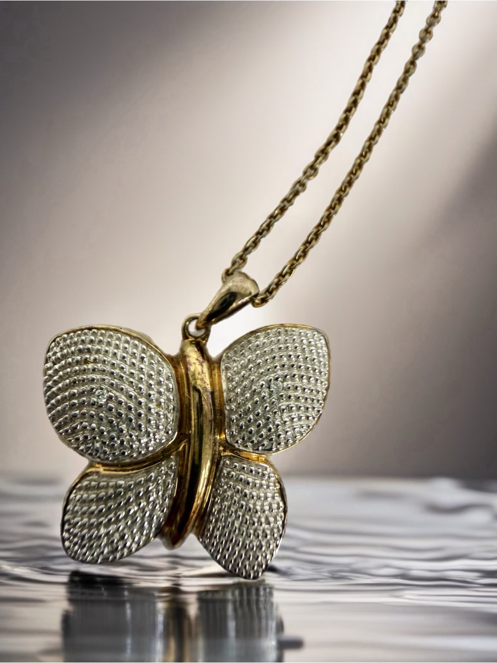 Gold plated Sterling Silver Butterfly Pendant with tiny diamond chip on wings